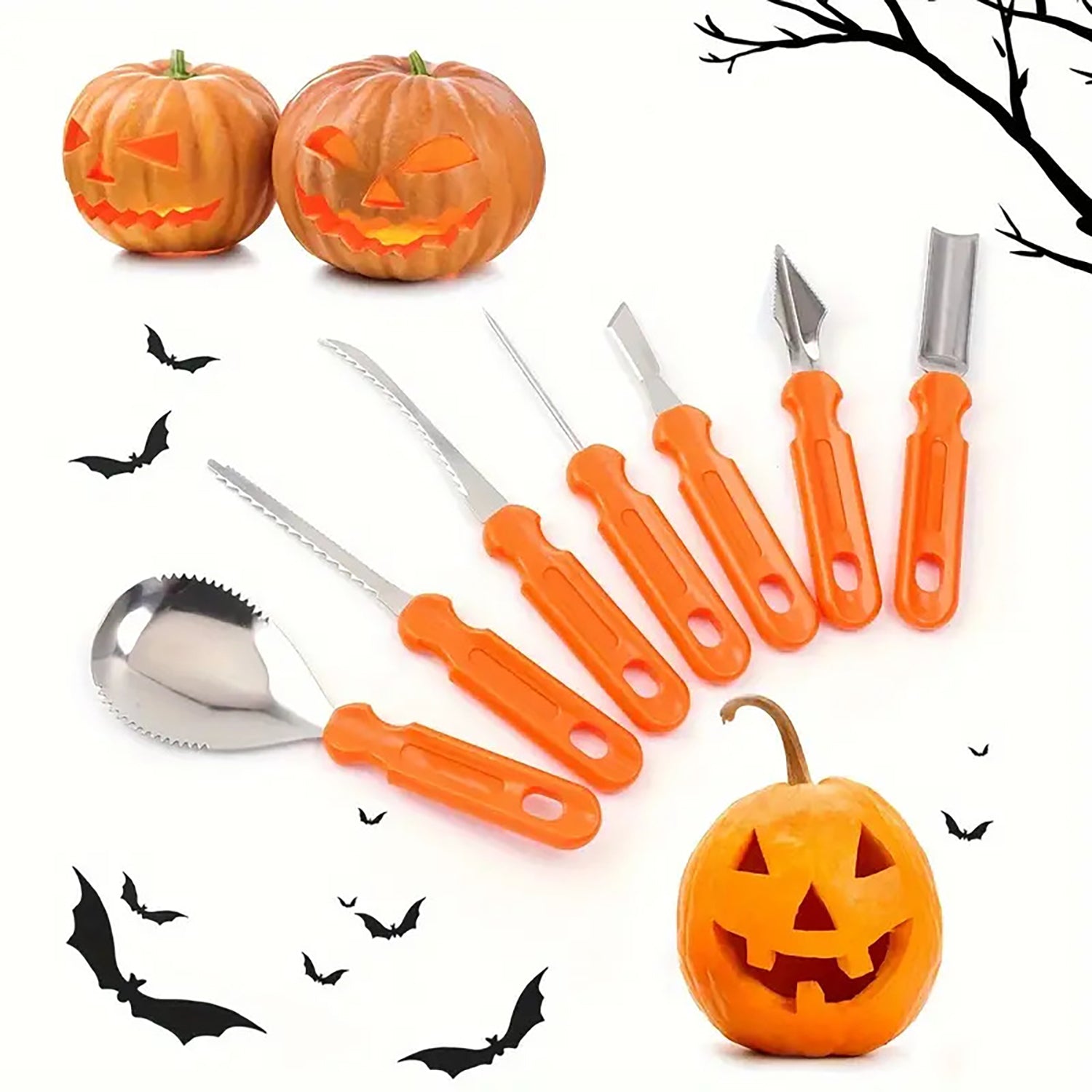 Opsticle Hand tools for use in carving or decorating pumpkins, mini-pumpkins, gourds, and other fruits and vegetables, namely, knives, saws, scoops, chisels and drills